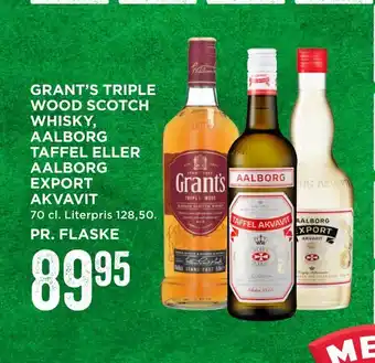 MENY Grant's triple wood scotch whisky, aalborg taffel eller aalborg export akvavit tilbud