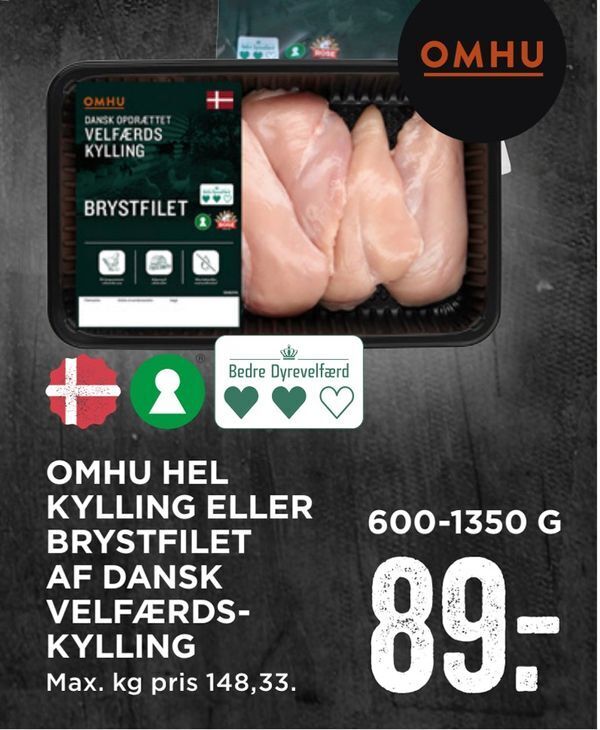 Omhu hel kylling eller brystfilet af dansk velfærds kylling tilbud hos