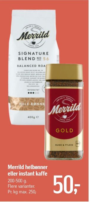 Føtex Merrild helbønner eller instant kaffe tilbud