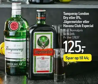 Føtex Tanqueray london dry eller 0%, jägermeister eller havana club especial tilbud