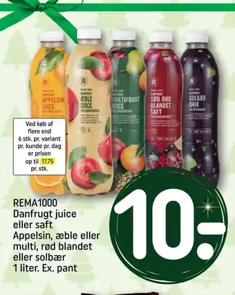 REMA 1000 Rema1000 danfrugt juice eller saft appelsin, æble eller multi, rød blandet eller solbær tilbud