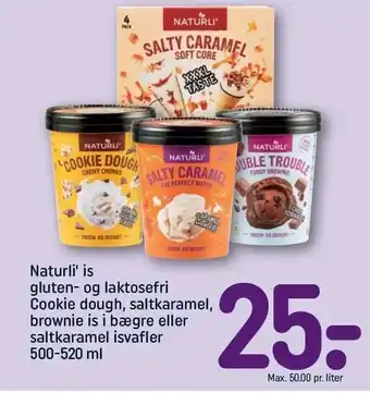 REMA 1000 Naturli' is gluten- og laktosefri cookie dough, saltkaramel, brownie is i bægre el. saltkaramel isvafler tilbud