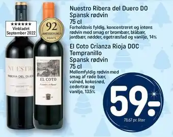 REMA 1000 Nuestro ribera del duero do el. el coto crianza rioja doc tempranillo rødvin tilbud