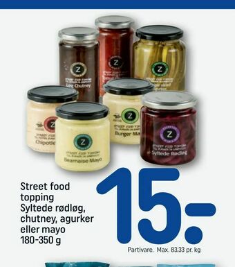 REMA 1000 Street food topping Syltede rødløg, chutney, agurker eller mayo tilbud