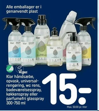 REMA 1000 Klar håndsæbe, opvask, universalrengøring, wc rens, badeværelsesspray, køkkenspray eller parfumefri glasspray tilbud