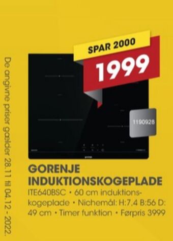 Punkt1 Gorenje indbygningskogeplade tilbud