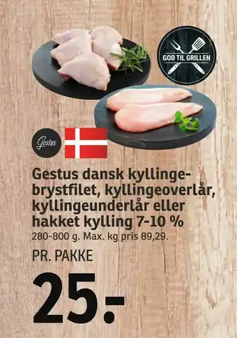 SPAR Gestus dansk kyllinge brystfilet, kyllingeoverlår, kyllingeunderlår eller hakket kylling 7-10 % tilbud