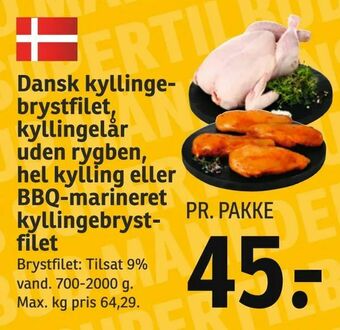 SPAR Dansk kyllingebrystfilet, kyllingelår uden rygben, hel kylling eller BBQ-marineret kyllingebrystfilet tilbud