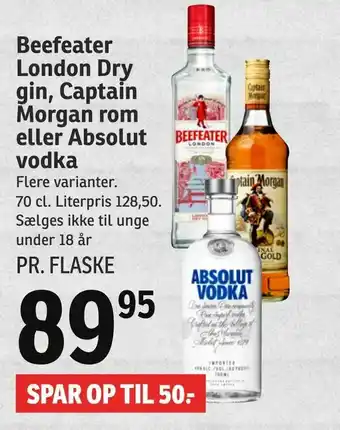 SPAR Beefeater London Dry gin, Captain Morgan rom eller Absolut vodka tilbud