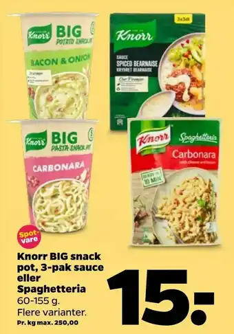 Knorr BIG snack pot, 3-pak sauce eller Spaghetteria