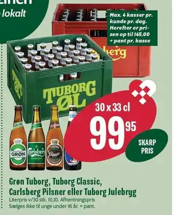 Min Købmand Grøn tuborg, tuborg classic, carlsberg pilsner el. tuborg julebryg tilbud