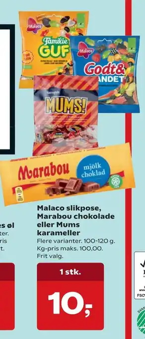 Malaco slikpose, marabou chokolade eller mums karameller