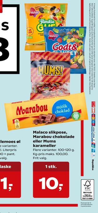 Malaco slikpose, marabou chokolade eller mums karameller