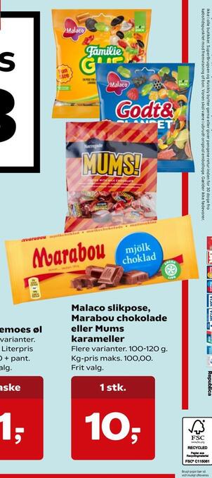 SuperBrugsen Malaco slikpose, marabou chokolade eller mums karameller tilbud