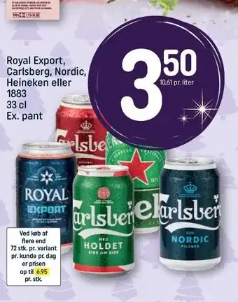 REMA 1000 Royal export, carlsberg, nordic, heineken el. 1883 tilbud