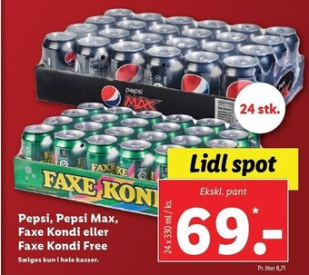 Lidl Pepsi, pepsi max, faxe kondi el. faxe kondi free tilbud