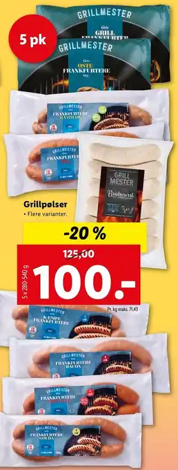 Lidl Grillpølser 5x280-540g tilbud