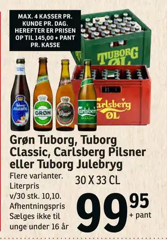 SPAR Grøn tuborg, tuborg classic, carlsberg pilsner eller tuborg julebryg tilbud