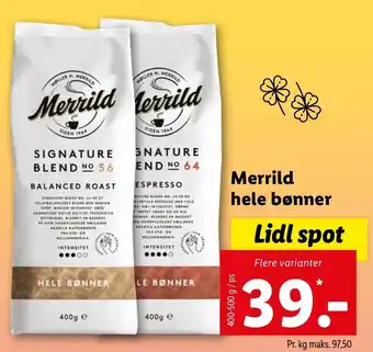 Lidl Merrild Hele Bønner 400-500g tilbud