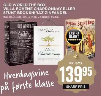 MENY Old world the box, villa boheme chardonnay el. stunt bros shiraz zinfandel tilbud