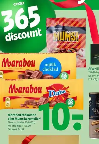 Coop 365 Marabou chokolade eller mums karameller tilbud