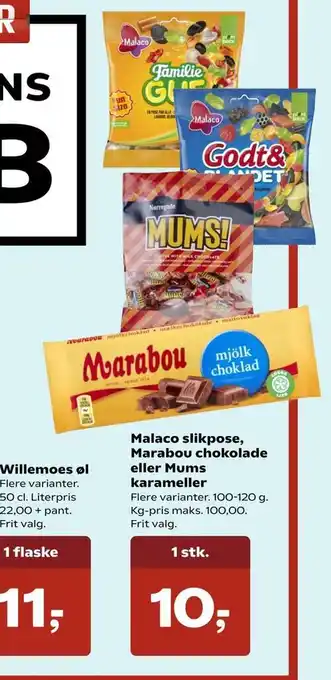 Kvickly Malaco slikpose, marabou chokolade eller mums karameller tilbud