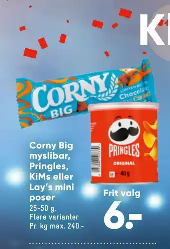 Bilka Corny big myslibar, pringles, kims eller lay's mini poser tilbud
