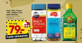 Bilka Livol +10%, futura +10%, møllers tran eller gerimax tilbud