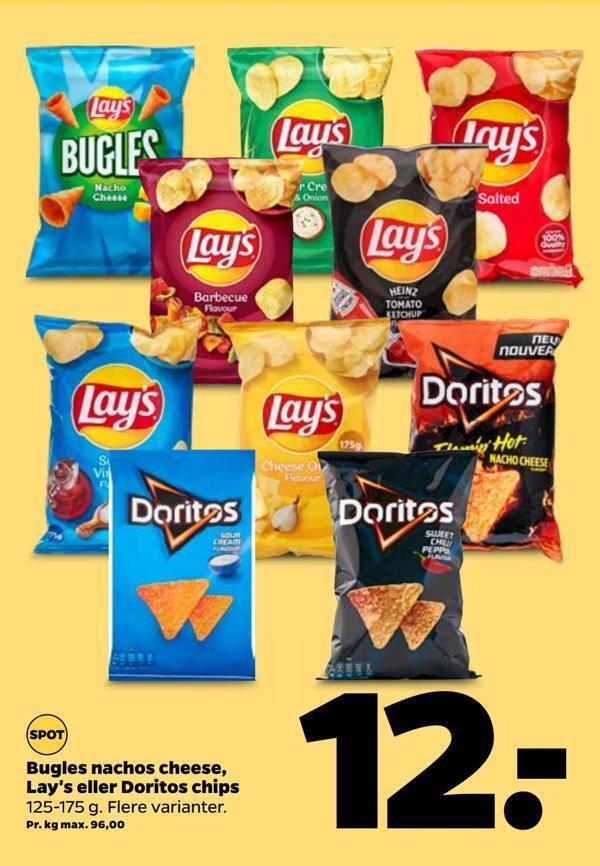 Bugles nachos cheese, lay's eller doritos chips tilbud hos Netto