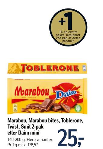 Føtex Marabou, marabou bites, toblerone, twist, smil 2-pak eller daim mini tilbud