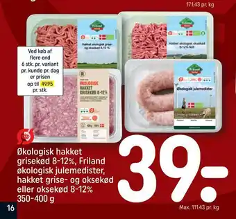 REMA 1000 Økologisk hakket grisekød 8-12%, friland økologisk julemedister, hakket grise- og oksekød eller oksekød 8-12% tilbud