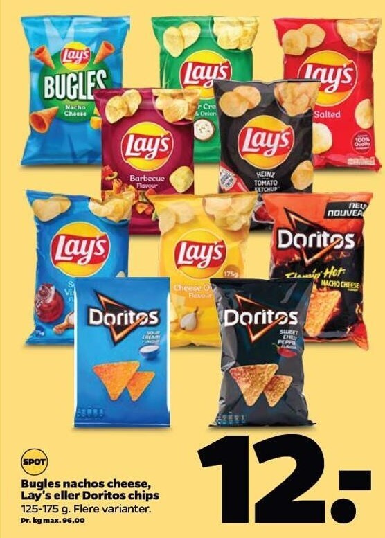 Bugles nachos cheese, lay's el. doritos chips tilbud hos Netto