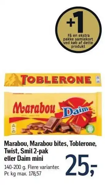 Føtex Marabou, marabou bites, toblerone, twist, smil 2-pak el. daim mini tilbud