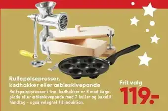 Rullepølsepresser, kødhakker el. æbleskivepande