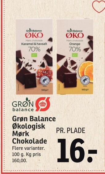 SPAR Grøn balance økologisk mørk chokolade tilbud