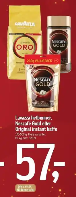 Føtex Lavazza helbønner, nescafé gold el. original instant kaffe tilbud