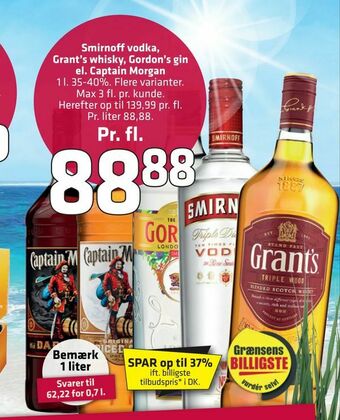 Fleggaard Smirnoff vodka, Grant's whisky, Gordon's gin el. Captain Morgan tilbud