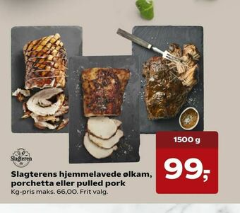 Kvickly Slagterens hjemmelavede ølkam, porchetta eller pulled pork tilbud