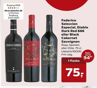 Kvickly Federico Seleccion Especial, Diablo Dark Red 666 eller Black Cabernet Sauvignon tilbud