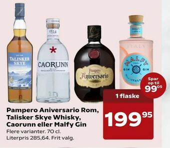 Kvickly Pampero Aniversario Rom, Talisker Skye Whisky, Caorunn eller Malfy Gin tilbud
