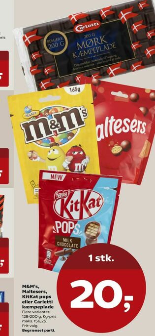 Kvickly M&M's, Maltesers, KitKat pops eller Carletti kæmpeplade tilbud