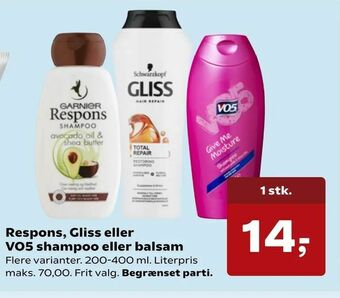 SuperBrugsen Respons, Gliss eller VO5 shampoo eller balsam tilbud