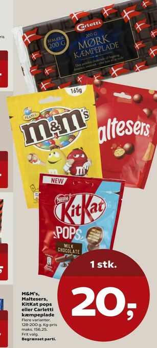 SuperBrugsen M&M's, Maltesers, KitKat pops eller Carletti kæmpeplade tilbud
