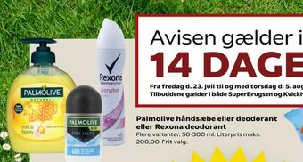 SuperBrugsen Palmolive håndsæbe eller deodorant eller Rexona deodorant tilbud