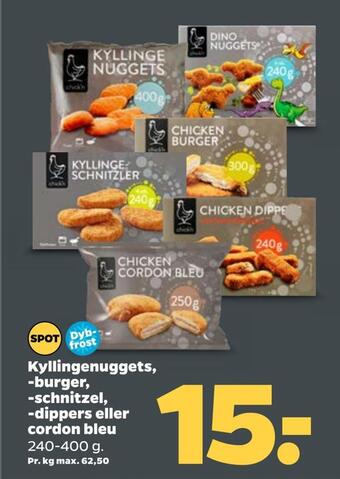 Kyllingenuggets, -burger, -schnitzel, -dippers eller cordon bleu