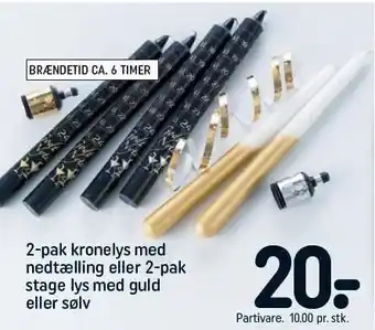 REMA 1000 2-pak kronelys med nedtælling el. 2-pak stage lys med guld el. sølv tilbud