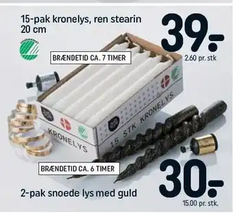 15-pak kronelys, ren stearin 20 cm. el. 2-pak snoede lys med guld