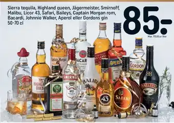 REMA 1000 Sierra tequila, highland queen, jägermeister, smirnoff, malibu, licor 43, safari, baileys, captain morgan rom, bacardi, johnn tilbud