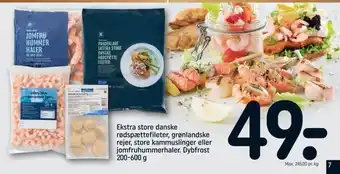 REMA 1000 Ekstra store danske rødspættefileter, grønlandske rejer, store kammuslinger eller jomfruhummerhaler tilbud