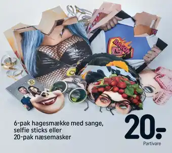 6-pak hagesmække med sange, selfie sticks eller 20-pak næsemasker